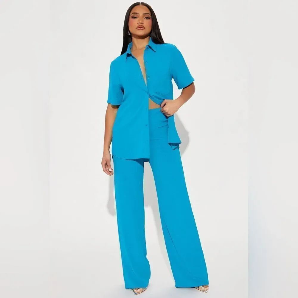 NWT Fashion Nova Women's Mackenzie Short Sleeve Pant Set Turquoise Size Medium